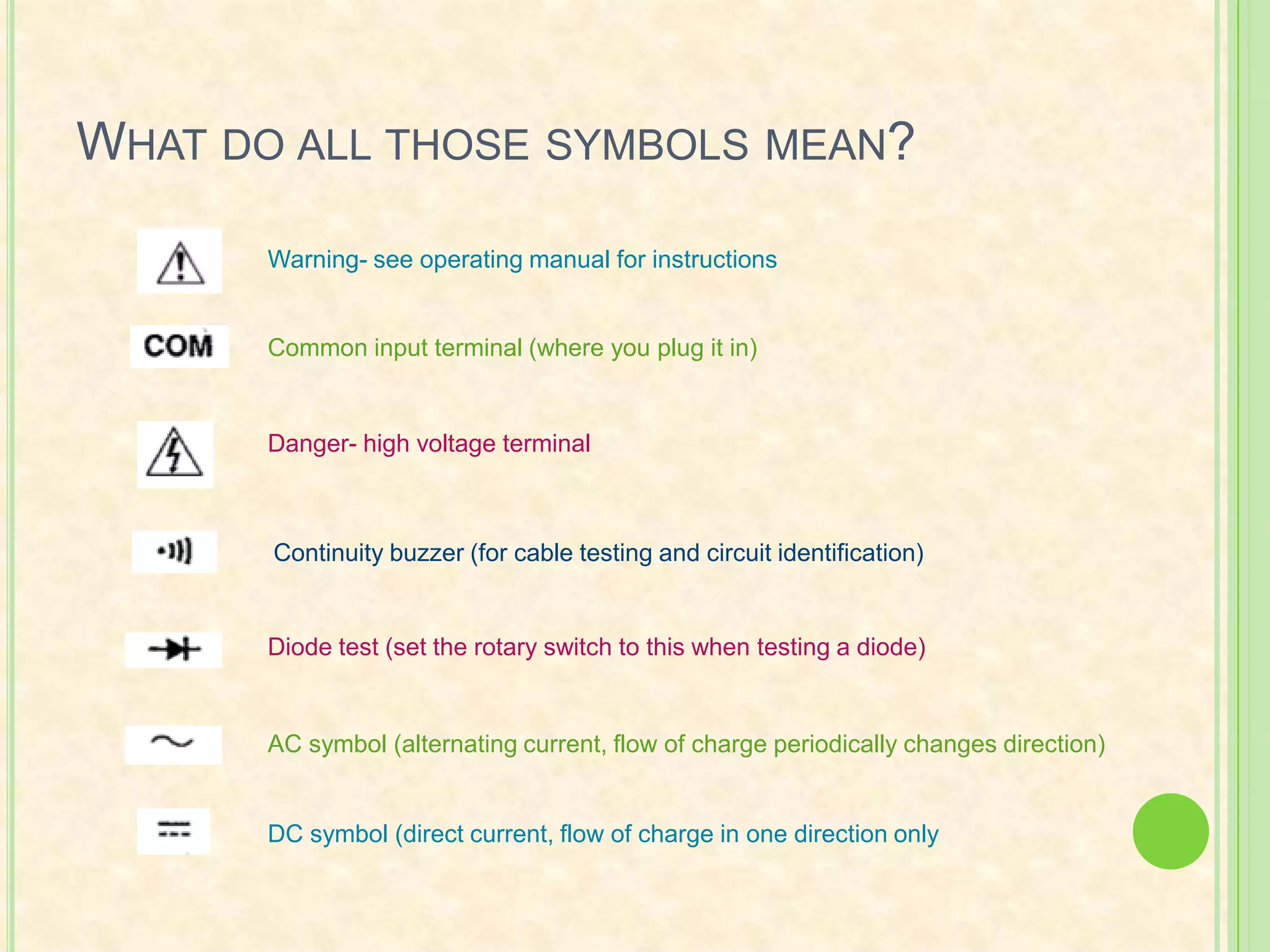What do all those symbols mean?Warning- see operating manual for instructionsCommon input terminal (where you plug it in)Danger- high voltage terminalContinuity buzzer (for cable testing and circuit identification)Diode test (set the rotary switch to this when testing a diode)AC symbol (alternating current, flow of charge periodically changes direction)DC symbol (direct current, flow of charge in one direction only 