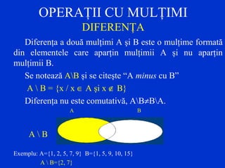 OPERAŢII CU MULŢIMI
DIFERENŢA
Diferenţa a două mulţimi A şi B este o mulţime formată
din elementele care aparţin mulţimii A şi nu aparţin
mulţimii B.
Se notează AB şi se citeşte “A minus cu B”
A  B = {x / x ∈ A şi x ∉ B}
Diferenţa nu este comutativă, AB≠BA.
A B
A  B
Exemplu: A={1, 2, 5, 7, 9} B={1, 5, 9, 10, 15}
A  B={2, 7}
 