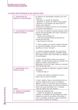 MULTIMÍDIA APLICADA À EDUCAÇÃO
                          Secretaria de Estado de Educação MG



                          8.4 PASSOS PARA CONSTRUÇÃO DE UMA LIÇÃO DO CURSO

                                    A - Compreensão dos            Os objetivos de aprendizagem propostos para esta
                                    Objetivos de Aprendizagem      lição são:
                                                                   • Demonstrar o conceito de propulsão.
                                                                   • Identificar as funções do sistema moto-propulsor.
                                                                   • Relacionar os sub-sistemas que fazem parte do
                                                                   sistema moto-propulsor.
                                                                   • Demonstrar a função de cada um dos sub-sistemas
                                                                   do sistema moto-propulsor.
                                    B - Levantamento de Conteúdo   1. Com base nos objetivos propostos pesquise sobre o
                                    e Análise dos Tópicos          assunto que será abordado nesta lição, utilizando as
                                                                   seguintes referências:
                                                                   • sistema_moto_propulsor.rtf
                                                                   • http://www.aerotecnologia.com.br/tecnicos/
                                                                   motores/principal.htm
                                                                   • sites de busca na Internet


                                                                   2. Salve as páginas que tiverem conteúdo relevante
                                                                   em sua área de trabalho. Para isso crie uma pasta
                                                                   específica, de nome "conteudo".

                                                                   3. A partir da pesquisa realizada, crie uma lista de
                                                                   tópicos de conteúdo utilizando o OpenOffice Writer.
                                                                   Estes tópicos devem estar relacionados aos objetivos
                                                                   de aprendizagem.

                                                                   4. Salve a lista de tópicos criada em sua área de
                                                                   trabalho. O nome do arquivo deve ser parecido com o
                                                                   seguinte exemplo: pedro_topicos.rtf
                                                                   Observação: ao clicar em salvar, selecione a extensão
                                                                   "Rich Format Text (.rtf).
                                    C - Familiarização com o       Para esta atividade foi elaborado o seguinte modelo
                                    Modelo da Lição.               (template):
                                                                   • modelo da lição v1


                                                                   1. Localize este modelo no diretório do curso e
                                                                   copie-o para sua área de trabalho.

                                                                   2. Abra o modelo e faça um reconhecimento de sua
                                                                    estrutura. Observe que ao entrar na Unidade 2,
                                                                   Módulo 4, Lição 4.1, você terá as telas da lição que
                                                                   será montada. Nestas telas você encontrará slides em
                                                                   branco que serão preenchidos com o conteúdo
Cadernos de Informática




                                    relacio-                        nado aos tópicos que você levantou.
                                    D - Seleção das Estratégias    1. Diante dos seguintes itens:
                                    de Aprendizagem                • modelos de estratégias de aprendizagem
                                                                   selecione as estratégias de aprendizagem que serão
                                                                   utilizadas em cada um dos tópicos de conteúdo e
                                                                   anote a estratégia escolhida no próprio documento
                                                                   que contém os tópicos de conteúdo.


80
 