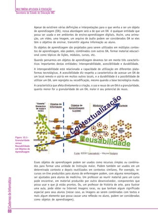 MULTIMÍDIA APLICADA À EDUCAÇÃO
                          Secretaria de Estado de Educação MG



                                          Apesar de existirem várias definições e interpretações para o que venha a ser um objeto
                                          de aprendizagem (OA), nossa abordagem será a de que um OA é qualquer entidade que
                                          possa ser usada e em ambientes de ensino-aprendizagem digitais. Assim, uma anima-
                                          ção, um vídeo, uma imagem, um arquivo de áudio podem ser considerados OA se eles
                                          têm o objetivo de ensinar, transmitir alguma informação ao aluno.
                                          Os objetos de aprendizagem são projetados para serem utilizados em múltiplos contex-
                                          tos de aprendizagem, eles podem, combinados com outros OA, formar material educaci-
                                          onal como tópicos de lições, módulos, cursos, etc.
                                          Quando pensarmos em objetos de aprendizagem devemos ter em mente três caracterís-
                                          ticas importantes destas entidades: interoperabilidade, acessibilidade e durabilidade.
                                          A interoperabilidade está relacionada a capacidade de utilização em diferentes plata-
                                          formas tecnológicas. A acessibilidade diz respeito a característica de acessar um OA de
                                          um local remoto e usá-lo em muitos outros locais, e a durabilidade é a possibilidade de
                                          utilizar um OA, sem reprojeto ou recodificação, mesmo quando a base tecnológica muda.
                                          A característica que afeta diretamente a criação, o uso e reuso de um OA é a granularidade,
                                          quanto menor for a granularidade de um OA, maior é seu potencial de reuso.




                          Figura 10.1-
                          Granularidade
                          versus
                          Reusabilidade
                          em Objetos de
                          Aprendizagem



                                          Esses objetos de aprendizagem podem ser usados como recursos simples ou combina-
                                          dos para formar uma unidade de instrução maior. Podem também ser usados em um
                                          determinado contexto e depois reutilizados em contextos similares. Por exemplo, re-
                                          cursos on-line produzidos para alunos de enfermagem podem, com alguma remontagem,
                                          ser ajustados para alunos de medicina. Um professor ao reunir material para um curso
Cadernos de Informática




                                          pode encontrar, em material produzido por outro desenvolvedor, componentes que
                                          possa usar e que já estão prontos. Ou, um professor de história de arte, para ilustrar
                                          uma aula, pode obter na Internet imagens raras, ou que tenham algum significado
                                          especial para seus alunos (nesse caso, as imagens ao serem combinadas com textos e
                                          mais algum elemento que possa causar uma reflexão no aluno, podem ser consideradas
                                          como objetos de aprendizagem).



88
 