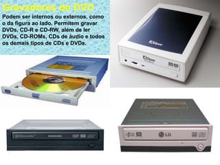 Gravadores de DVD
Podem ser internos ou externos, como
o da figura ao lado. Permitem gravar
DVDs, CD-R e CD-RW, além de ler
DVDs, CD-ROMs, CDs de áudio e todos
os demais tipos de CDs e DVDs.
 