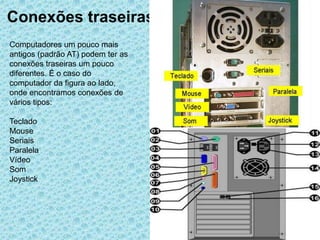 Conexões traseiras
Computadores um pouco mais
antigos (padrão AT) podem ter as
conexões traseiras um pouco
diferentes. É o caso do
computador da figura ao lado,
onde encontramos conexões de
vários tipos:

Teclado
Mouse
Seriais
Paralela
Vídeo
Som
Joystick
 