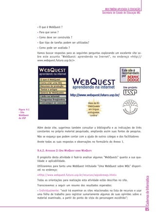 CadernosdeInformática
85
MULTIMÍDIA APLICADA À EDUCAÇÃO
Secretaria de Estado de Educação MG
• O que é WebQuest ?
• Para que serve ?
• Como deve ser construída ?
• Que tipo de tarefas podem ser utilizadas?
• Como pode ser avaliada ?
Vamos buscar respostas para as seguintes perguntas explorando um excelente site so-
bre este assunto "WebQuest: aprendendo na Inernet", no endereço <http://
www.webquest.futuro.usp.br/>
Além deste site, sugerimos também consultar a bibliografia e as indicações de links
constantes no próprio material pesquisado, ampliando assim suas fontes de pesquisa.
Não se esqueça que podem contar com a ajuda de outros colegas e dos facilitadores
Anote todas as suas respostas e observações no formulário do Anexo 1.
9.4.2. ATIVIDADE 2: UMA WEBQUEST SOBRE WEBQUETS
O propósito desta atividade é fazê-lo analisar algumas "WebQuests" quanto a sua qua-
lidade e aplicabilidade.
Utilizaremos para tanto uma WebQuest intitulada "Uma WebQuest sobre WQs" disponí-
vel no endereço:
<http://www.webquest.futuro.usp.br/recursos/wqsobrewqs.html>
Todas as orientações para realização esta atividade estão descritas no site.
Transcrevemos a seguir um resumo dos resultados esperados:
• Individualmente: "você irá examinar os sites relacionados na lista de recursos e usar
uma folha de trabalho para registrar sumariamente algumas de suas opiniões sobre o
material examinado, a partir do ponto de vista do personagem escolhido";
Figura 9.1
- Site
WebQuest
da USP
 