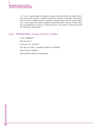 MULTIMÍDIA APLICADA À EDUCAÇÃO
Secretaria de Estado de Educação MG
86
CadernosdeInformática
• Em Grupo: "quando todos os membros do grupo tiverem concluído sua análise indivi-
dual, será preciso começar o trabalho conjunto de respostas às questões. Um modo de
fazer isso é uma rodada para que os membros do grupo digam quais são os dois melho-
res e os dois piores sites desde a perspectiva personificada por cada um. Prestem aten-
ção nas perspectivas de cada um, mesmo que vocês, num primeiro instante, discordem
da classificação apresentada".
ANEXO 1. ATIVIDADE PRÁTICA - ENTENDENDO OS CONCEITOS DE UMA WEBQUEST
O que é WebQuest ?
Para que serve ?
Como deve ser construído ?
Que tipos de tarefas / estratégias podem ser utilizadas?
Como pode ser avaliado ?
Recursos/Sites adicionais pesquisados
PARTE III - DE AUTORES DE APRESENTAÇÕES MULTIMÍDIA A PROJETISTAS DE
AMT
(APRENDIZAGEM MEDIADA POR TECNOLOGIA)
 