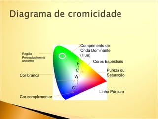 Comprimento de
                            Onda Dominante
 Região
                            (Hue)
 Perceptualmente
 uniforme                        Cores Espectrais
                        H
                        C               Pureza ou
Cor branca          W                   Saturação


                   C’
                                    Linha Púrpura
Cor complementar
 