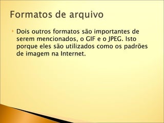    Dois outros formatos são importantes de
    serem mencionados, o GIF e o JPEG. Isto
    porque eles são utilizados como os padrões
    de imagem na Internet.
 