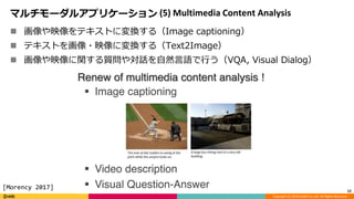 Copyright (C) 2018 DeNA Co.,Ltd. All Rights Reserved.
マルチモーダルアプリケーション (5) Multimedia Content Analysis
 画像や映像をテキストに変換する（Image captioning）
 テキストを画像・映像に変換する（Text2Image）
 画像や映像に関する質問や対話を自然言語で行う（VQA, Visual Dialog）
12
[Morency 2017]
 
