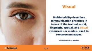 15 / 78
Visual
Multimodality describes
communication practices in
terms of the textual, aural,
linguistic, spatial, and vi...