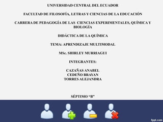 UNIVERSIDAD CENTRAL DEL ECUADOR
FACULTAD DE FILOSOFÍA, LETRAS Y CIENCIAS DE LA EDUCACIÓN
CARRERA DE PEDAGOGÍA DE LAS CIENCIAS EXPERIMENTALES, QUÍMICA Y
BIOLOGÍA
DIDÁCTICA DE LA QUÍMICA
TEMA: APRENDIZAJE MULTIMODAL
MSc. SHIRLEY MURRIAGUI
INTEGRANTES:
CAZAÑAS ANABEL
CEDEÑO BRAYAN
TORRES ALEJANDRA
SÉPTIMO “B”
 