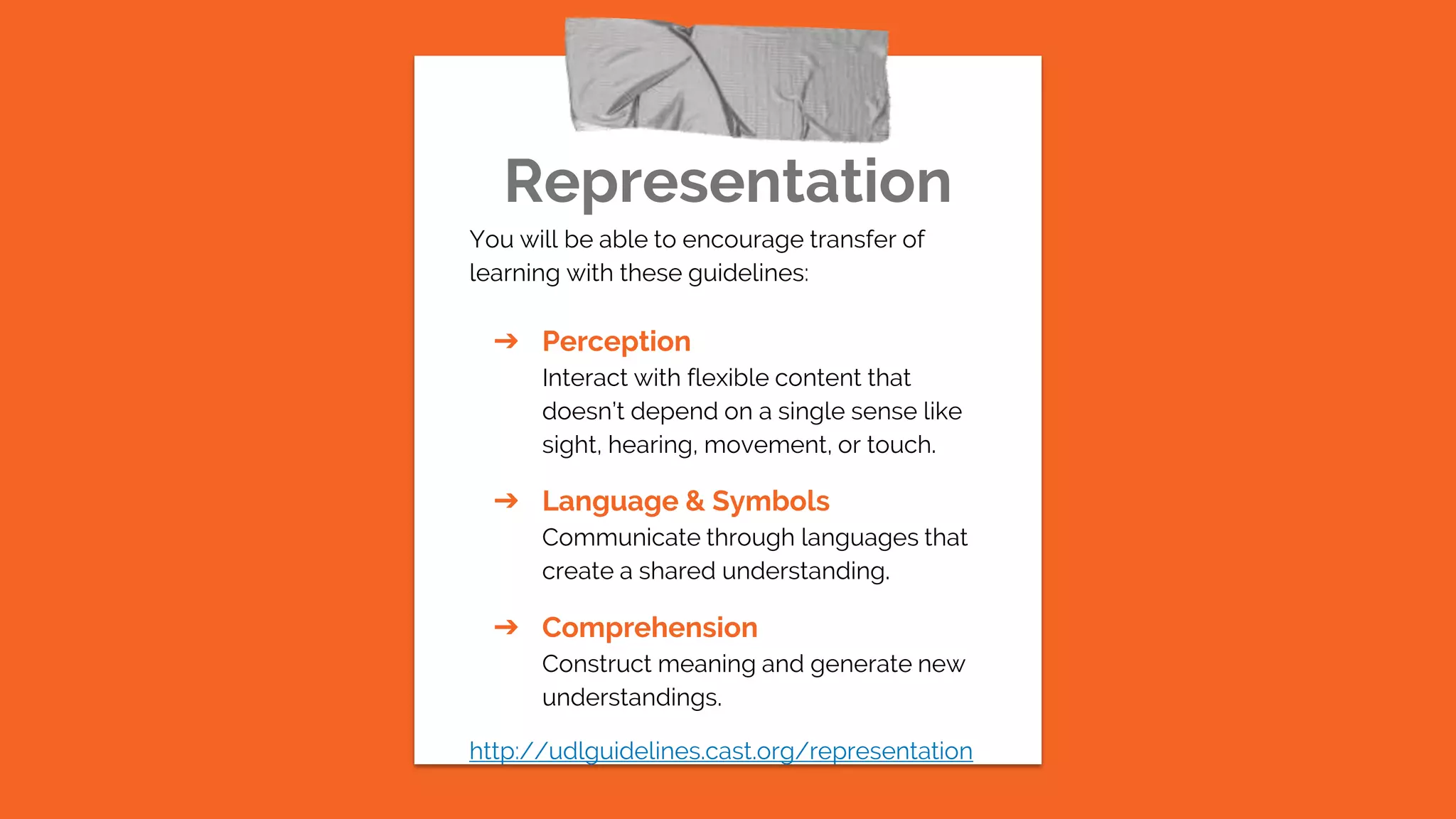 Representation
You will be able to encourage transfer of
learning with these guidelines:
➔ Perception
Interact with flexible content that
doesn’t depend on a single sense like
sight, hearing, movement, or touch.
➔ Language & Symbols
Communicate through languages that
create a shared understanding.
➔ Comprehension
Construct meaning and generate new
understandings.
http://udlguidelines.cast.org/representation
 