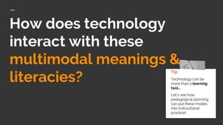 How does technology
interact with these
multimodal meanings &
literacies?
Tip
Technology can be
more than a learning
tool....