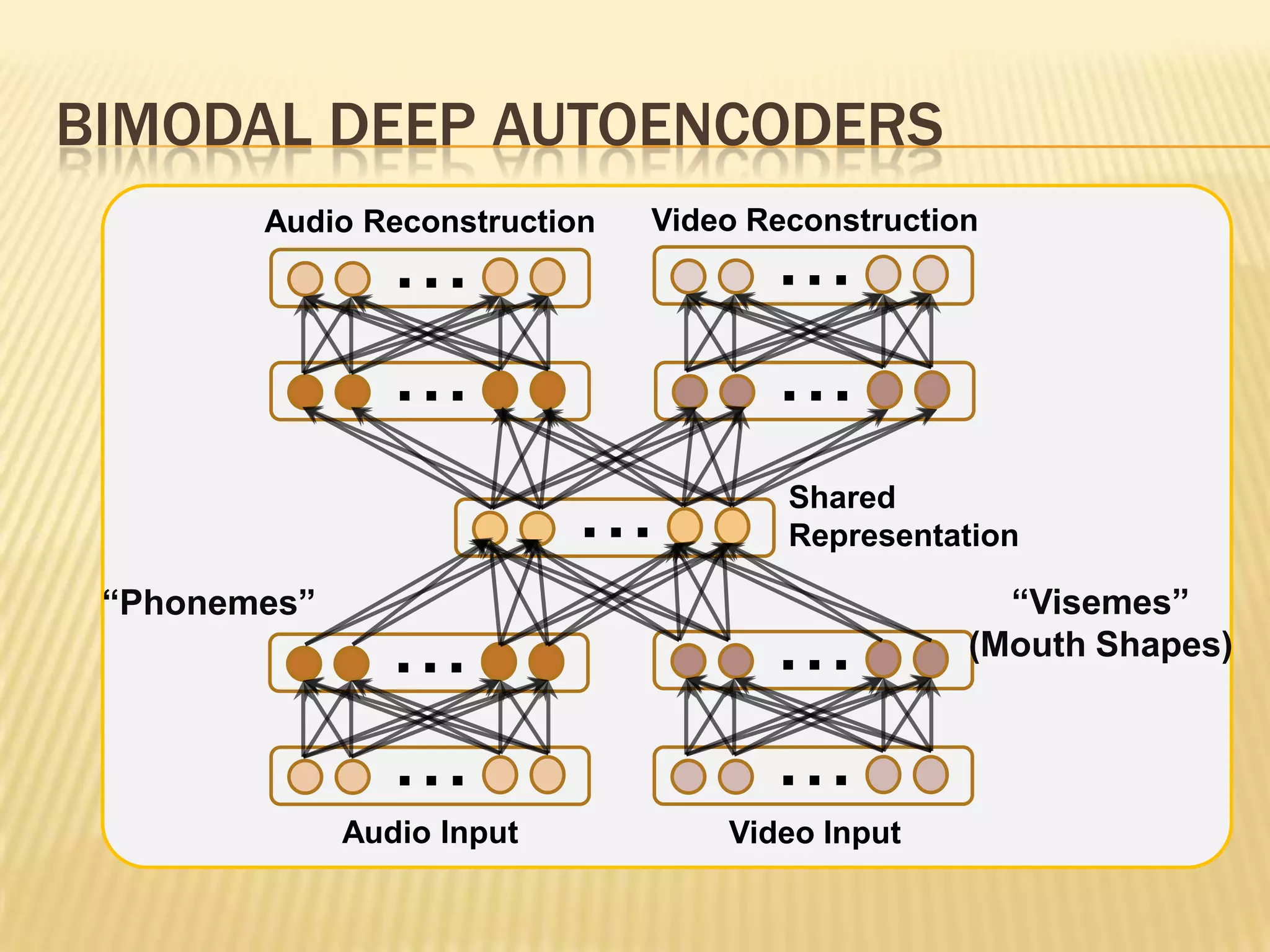 BIMODAL DEEP AUTOENCODERS
        Audio Reconstruction   Video Reconstruction
                 ...                  ...
                 ...                  ...
                            ...        Shared
                                       Representation

 “Phonemes”                                         “Visemes”
                 ...                  ...         (Mouth Shapes)


                 ...                  ...
              Audio Input          Video Input
 