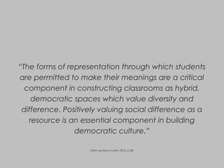 “The forms of representation through which students
are permitted to make their meanings are a critical
component in constructing classrooms as hybrid,
democratic spaces which value diversity and
difference. Positively valuing social difference as a
resource is an essential component in building
democratic culture.”
(Stein quoted in Loerts, 2010, p.28)
 