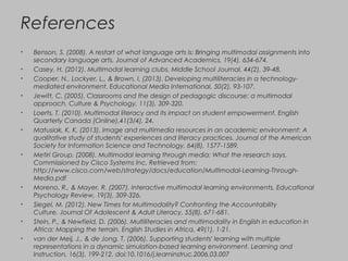 References
• Benson, S. (2008). A restart of what language arts is: Bringing multimodal assignments into
secondary language arts. Journal of Advanced Academics, 19(4), 634-674.
• Casey, H. (2012). Multimodal learning clubs. Middle School Journal, 44(2), 39-48.
• Cooper, N., Lockyer, L., & Brown, I. (2013). Developing multiliteracies in a technology-
mediated environment. Educational Media International, 50(2), 93-107.
• Jewitt, C. (2005). Classrooms and the design of pedagogic discourse: a multimodal
approach. Culture & Psychology, 11(3), 309-320.
• Loerts, T. (2010). Multimodal literacy and its impact on student empowerment. English
Quarterly Canada (Online),41(3/4), 24.
• Matusiak, K. K. (2013). Image and multimedia resources in an academic environment: A
qualitative study of students' experiences and literacy practices. Journal of the American
Society for Information Science and Technology, 64(8), 1577-1589.
• Metiri Group. (2008). Multimodal learning through media: What the research says.
Commissioned by Cisco Systems Inc. Retrieved from:
http://www.cisco.com/web/strategy/docs/education/Multimodal-Learning-Through-
Media.pdf
• Moreno, R., & Mayer, R. (2007). Interactive multimodal learning environments. Educational
Psychology Review, 19(3), 309-326.
• Siegel, M. (2012). New Times for Multimodality? Confronting the Accountability
Culture. Journal Of Adolescent & Adult Literacy, 55(8), 671-681.
• Stein, P., & Newfield, D. (2006). Multiliteracies and multimodality in English in education in
Africa: Mapping the terrain. English Studies in Africa, 49(1), 1-21.
• van der Meij, J., & de Jong, T. (2006). Supporting students' learning with multiple
representations in a dynamic simulation-based learning environment. Learning and
Instruction, 16(3), 199-212. doi:10.1016/j.learninstruc.2006.03.007
 