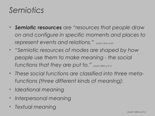 Semiotics
• Semiotic resources are “resources that people draw
on and configure in specific moments and places to
represent events and relations.” (Loerts, 2010, p.27)
• “Semiotic resources of modes are shaped by how
people use them to make meaning - the social
functions that they are put to.” (Jewitt, 2005, p.311)
• These social functions are classified into three meta-
functions (three different kinds of meaning):
• Ideational meaning
• Interpersonal meaning
• Textual meaning
(Jewitt, 2005, p.311)
 