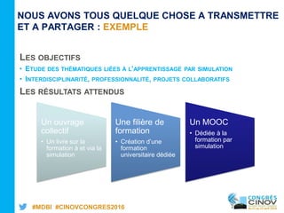 #MDBI #CINOVCONGRES2016
NOUS AVONS TOUS QUELQUE CHOSE A TRANSMETTRE
ET A PARTAGER : EXEMPLE
LES OBJECTIFS
• ETUDE DES THÉMATIQUES LIÉES À L’APPRENTISSAGE PAR SIMULATION
• INTERDISCIPLINARITÉ, PROFESSIONNALITÉ, PROJETS COLLABORATIFS
LES RÉSULTATS ATTENDUS
Un ouvrage
collectif
• Un livre sur la
formation à et via la
simulation
Une filière de
formation
• Création d’une
formation
universitaire dédiée
Un MOOC
• Dédiée à la
formation par
simulation
 