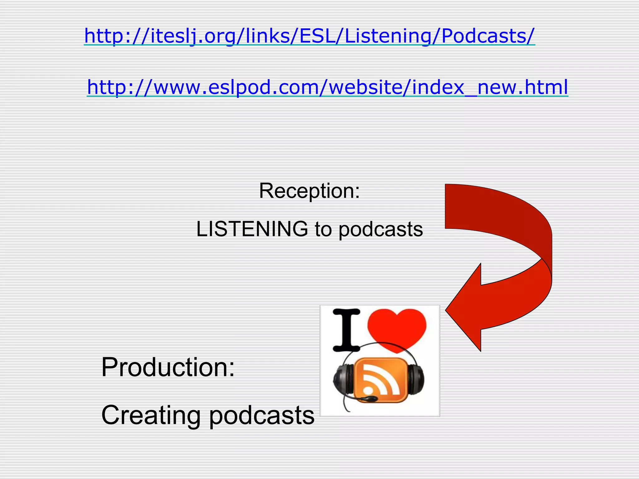 http://iteslj.org/links/ESL/Listening/Podcasts/
http://www.eslpod.com/website/index_new.html
Reception:
LISTENING to podcasts
Production:
Creating podcasts
 