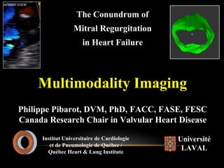 The Conundrum of
Mitral Regurgitation
in Heart Failure
Multimodality ImagingMultimodality Imaging
Philippe Pibarot, DVM, PhD,Philippe Pibarot, DVM, PhD, FACC, FASE, FESCFACC, FASE, FESC
CanadaCanada Research Chair in Valvular HeartResearch Chair in Valvular Heart DiseaseDisease
UniversitéUniversité
LAVALLAVAL
InstitutInstitut UniversitaireUniversitaire de Cardiologiede Cardiologie
et de Pneumologie de Québec /et de Pneumologie de Québec /
Québec Heart & Lung InstituteQuébec Heart & Lung Institute
 