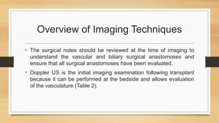 Overview of Imaging Techniques
• The surgical notes should be reviewed at the time of imaging to
understand the vascular and biliary surgical anastomoses and
ensure that all surgical anastomoses have been evaluated.
• Doppler US is the initial imaging examination following transplant
because it can be performed at the bedside and allows evaluation
of the vasculature (Table 2).
 