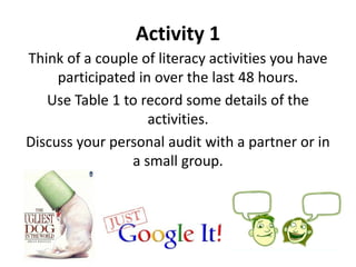 Activity 1
Think of a couple of literacy activities you have
participated in over the last 48 hours.
Use Table 1 to record some details of the
activities.
Discuss your personal audit with a partner or in
a small group.
 