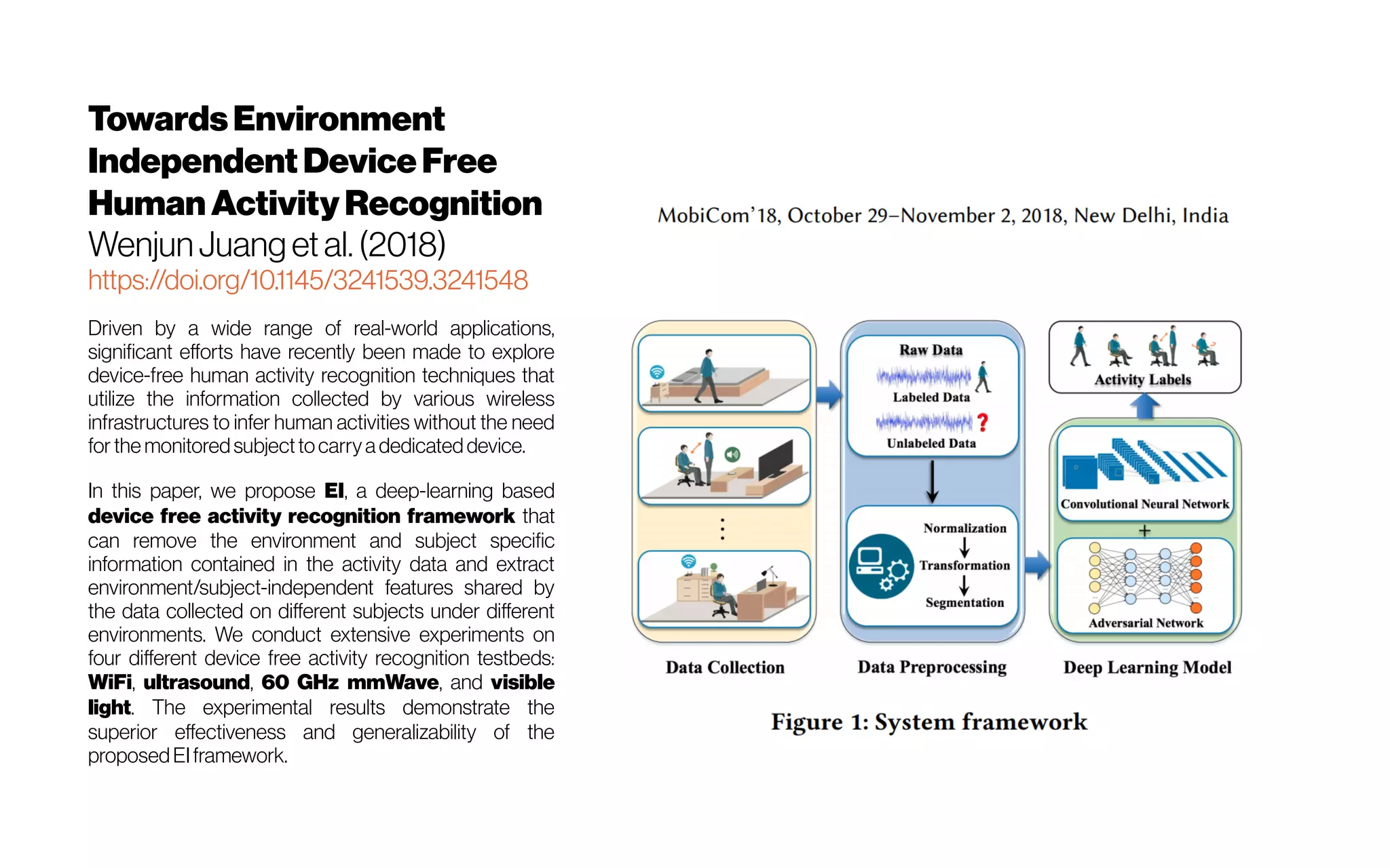 TowardsEnvironment
Independent DeviceFree
Human ActivityRecognition
WenjunJuang et al. (2018)
https://doi.org/10.1145/3241539.3241548
Driven by a wide range of real-world applications,
significant efforts have recently been made to explore
device-free human activity recognition techniques that
utilize the information collected by various wireless
infrastructures to infer human activities without the need
for the monitoredsubjecttocarryadedicateddevice.
In this paper, we propose EI, a deep-learning based
device free activity recognition framework that
can remove the environment and subject specific
information contained in the activity data and extract
environment/subject-independent features shared by
the data collected on different subjects under different
environments. We conduct extensive experiments on
four different device free activity recognition testbeds:
WiFi, ultrasound, 60 GHz mmWave, and visible
light. The experimental results demonstrate the
superior effectiveness and generalizability of the
proposedEIframework.
 