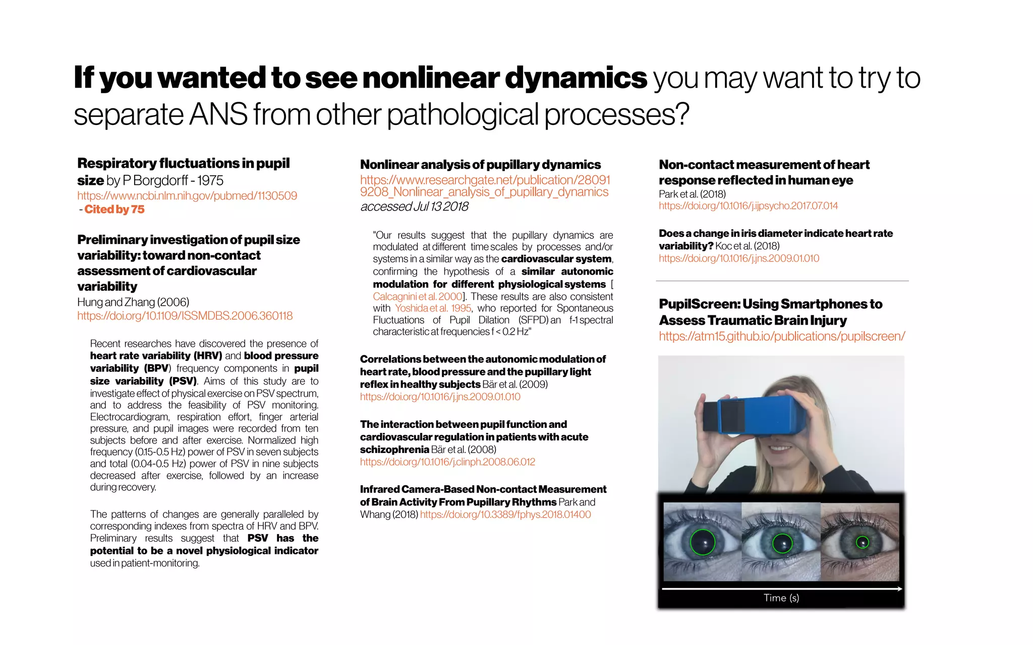 If youwantedtoseenonlinear dynamics youmay wantto try to
separateANSfromotherpathologicalprocesses?
Nonlinearanalysisofpupillarydynamics 
https://www.researchgate.net/publication/28091
9208_Nonlinear_analysis_of_pupillary_dynamics
accessedJul132018
"Our results suggest that the pupillary dynamics are
modulated at different time scales by processes and/or
systems in a similar way as the cardiovascular system,
confirming the hypothesis of a similar autonomic
modulation for different physiological systems [
Calcagniniet al. 2000]. These results are also consistent
with Yoshida et al. 1995, who reported for Spontaneous
Fluctuations of Pupil Dilation (SFPD) an f-1 spectral
characteristicatfrequencies f< 0.2 Hz"
Correlationsbetween the autonomicmodulationof
heart rate, blood pressure and the pupillary light
reflex inhealthy subjects Bär et al. (2009)
https://doi.org/10.1016/j.jns.2009.01.010
The interaction between pupilfunction and
cardiovascular regulation in patientswith acute
schizophrenia Bär etal. (2008)
https://doi.org/10.1016/j.clinph.2008.06.012
Infrared Camera-Based Non-contact Measurement
of Brain Activity From PupillaryRhythms Parkand
Whang(2018) https://doi.org/10.3389/fphys.2018.01400
Respiratory fluctuations inpupil
size by PBorgdorff -1975
https://www.ncbi.nlm.nih.gov/pubmed/1130509
-Citedby75
Preliminaryinvestigationofpupilsize
variability:towardnon-contact
assessmentofcardiovascular
variability
HungandZhang (2006)
https://doi.org/10.1109/ISSMDBS.2006.360118
Recent researches have discovered the presence of
heart rate variability (HRV) and blood pressure
variability (BPV) frequency components in pupil
size variability (PSV). Aims of this study are to
investigate effect of physical exercise on PSVspectrum,
and to address the feasibility of PSV monitoring.
Electrocardiogram, respiration effort, finger arterial
pressure, and pupil images were recorded from ten
subjects before and after exercise. Normalized high
frequency (0.15-0.5 Hz) power of PSV in seven subjects
and total (0.04-0.5 Hz) power of PSV in nine subjects
decreased after exercise, followed by an increase
duringrecovery.
The patterns of changes are generally paralleled by
corresponding indexes from spectra of HRV and BPV.
Preliminary results suggest that PSV has the
potential to be a novel physiological indicator
used in patient-monitoring.
Non-contactmeasurementof heart
responsereflectedinhumaneye
Park et al. (2018)
https://doi.org/10.1016/j.ijpsycho.2017.07.014
Doesa change inirisdiameter indicate heart rate
variability? Kocet al. (2018)
https://doi.org/10.1016/j.jns.2009.01.010
PupilScreen:UsingSmartphones to
Assess TraumaticBrainInjury
https://atm15.github.io/publications/pupilscreen/
 