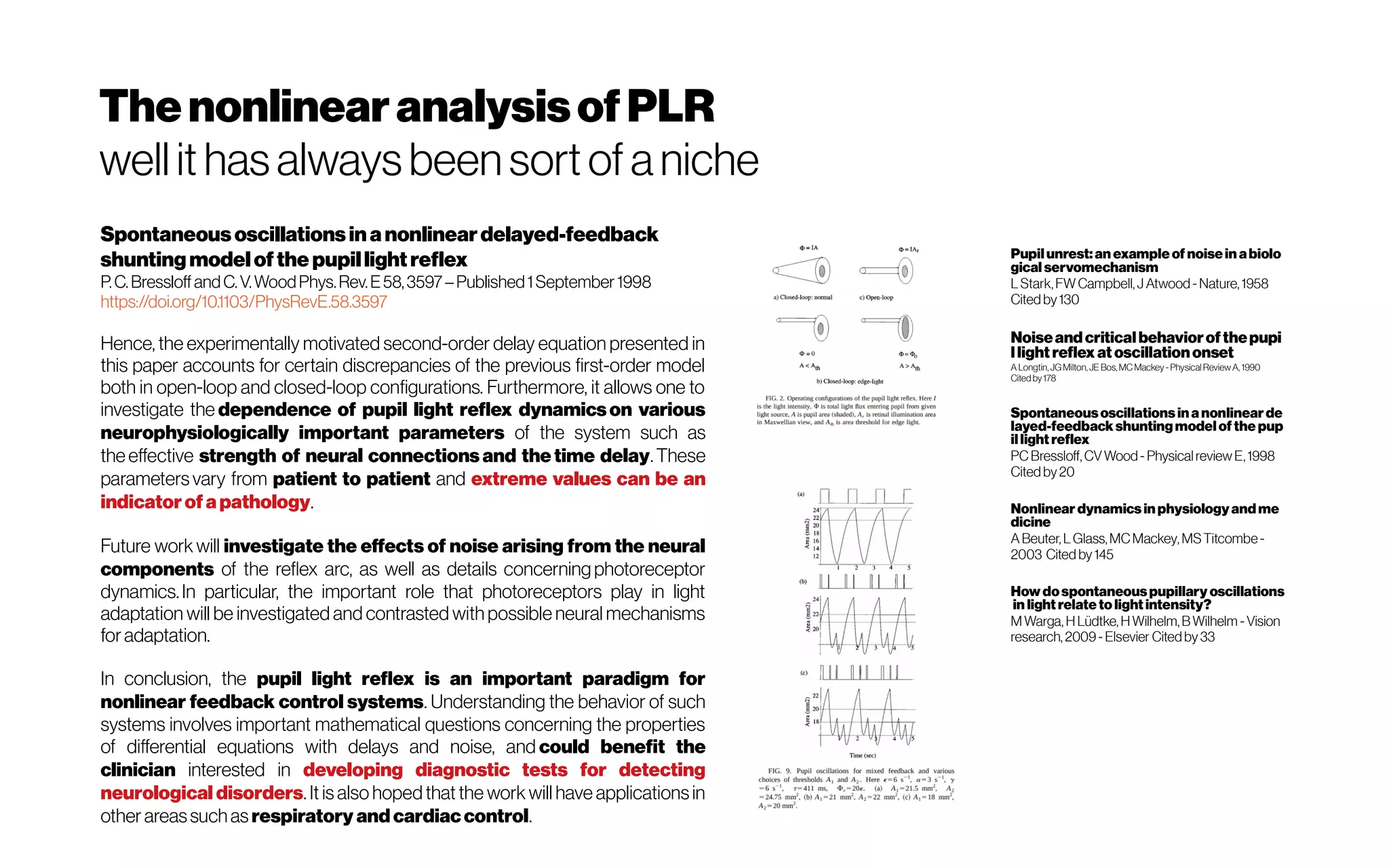 ThenonlinearanalysisofPLR
wellit has always been sort of aniche
Spontaneous oscillationsinanonlineardelayed-feedback
shuntingmodelofthe pupillightreflex
P.C.BressloffandC.V.WoodPhys.Rev.E 58,3597–Published1September 1998
https://doi.org/10.1103/PhysRevE.58.3597
Hence, the experimentally motivated second-order delay equation presented in
this paper accounts for certain discrepancies of the previous first-order model
both in open-loop and closed-loop configurations. Furthermore, it allows one to
investigate the dependence of pupil light reflex dynamics on various
neurophysiologically important parameters of the system such as
the effective strength of neural connections and the time delay. These
parameters vary from patient to patient and extreme values can be an
indicatorofapathology.
Future work will investigate the effects of noise arising from the neural
components of the reflex arc, as well as details concerning photoreceptor
dynamics. In particular, the important role that photoreceptors play in light
adaptation will be investigated and contrasted with possible neural mechanisms
foradaptation. 
In conclusion, the pupil light reflex is an important paradigm for
nonlinear feedback control systems. Understanding the behavior of such
systems involves important mathematical questions concerning the properties
of differential equations with delays and noise, and could benefit the
clinician interested in developing diagnostic tests for detecting
neurological disorders. It is also hoped that the work will have applicationsin
other areassuchas respiratory and cardiac control.
Pupil unrest:an example of noise in abiolo
gical servomechanism
L Stark, FW Campbell, J Atwood - Nature, 1958 
Cited by130
Noiseand criticalbehaviorofthepupi
llight reflex at oscillationonset
A Longtin, JGMilton, JE Bos, MC Mackey - Physical Review A, 1990 
Cited by178
Spontaneous oscillationsin a nonlinearde
layed-feedbackshunting modelof the pup
illight reflex
PCBressloff, CVWood - Physical reviewE, 1998 
Cited by20
Nonlinear dynamicsin physiologyand me
dicine
A Beuter, L Glass, MCMackey, MSTitcombe-
2003  Cited by 145
How dospontaneouspupillary oscillations
in light relate to light intensity?
M Warga, H Lüdtke, H Wilhelm, B Wilhelm -Vision
research, 2009- Elsevier Cited by 33
 