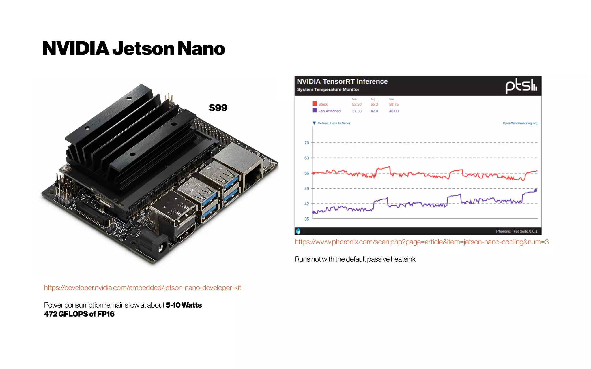 NVIDIAJetsonNano
$99
https://developer.nvidia.com/embedded/jetson-nano-developer-kit
Power consumptionremainslowatabout5-10Watts
472GFLOPSofFP16
https://www.phoronix.com/scan.php?page=article&item=jetson-nano-cooling&num=3
Runshotwiththedefaultpassiveheatsink
 