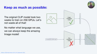 Keep as much as possible:
The original CLIP model took two
weeks to train on 256 GPUs. Let’s
not waste all of that!
No matter what language we use,
we can always keep the amazing
Image model!
✓
✗
Webinar: Multimodal Search with CLIP (September 2022)
 