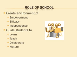 Create environment of Empowerment Efficacy Independence Guide students to Learn Teach Collaborate Mature  