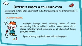Different modes in communication
#4. AUDIO MEANING
Conveyed through sound, including choices of music
representing different cultures, ambient sounds, noises, alerts,
silence, natural/unnatural sounds, and use of volume, beat, tempo,
pitch, and rhythm.
Lyrics in a song may also include multiple languages.
According to Victoria State Government (n.d.), the following are the different modes in
communication:
 
