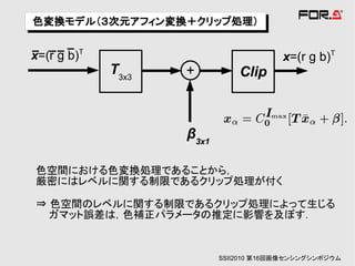 色変換モデル（３次元アフィン変換＋クリップ処理）
色変換モデル（３次元アフィン変換＋クリップ処理）

x=(r g b)T                              x=(r g b)T
             T3x3   +          Clip



                    β3x1

色空間における色変換処理であることから，
厳密にはレベルに関する制限であるクリップ処理が付く

⇒ 色空間のレベルに関する制限であるクリップ処理によって生じる
  ガマット誤差は，色補正パラメータの推定に影響を及ぼす．


                           SSII2010 第16回画像センシングシンポジウム
 