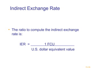 11-15 
Indirect Exchange Rate 
• The ratio to compute the indirect exchange 
rate is: 
IER = 1 FCU 
U.S. dollar equivalent value 
 