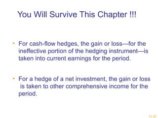 11-37 
You Will Survive This Chapter !!! 
• For cash-flow hedges, the gain or loss—for the 
ineffective portion of the hedging instrument—is 
taken into current earnings for the period. 
• For a hedge of a net investment, the gain or loss 
is taken to other comprehensive income for the 
period. 
 