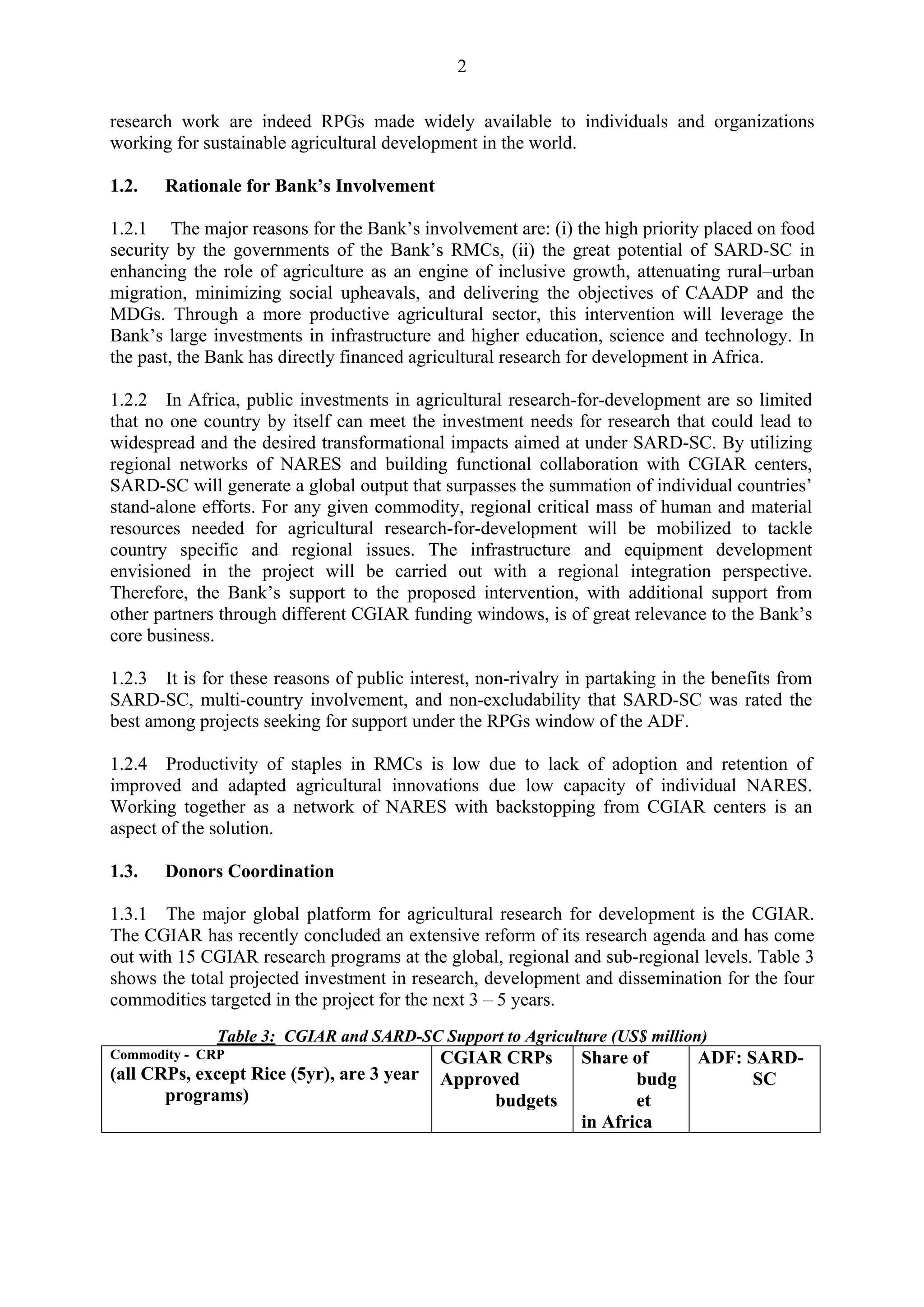 2 
research work are indeed RPGs made widely available to individuals and organizations 
working for sustainable agricultural development in the world. 
1.2. Rationale for Bank’s Involvement 
1.2.1 The major reasons for the Bank’s involvement are: (i) the high priority placed on food 
security by the governments of the Bank’s RMCs, (ii) the great potential of SARD-SC in 
enhancing the role of agriculture as an engine of inclusive growth, attenuating rural–urban 
migration, minimizing social upheavals, and delivering the objectives of CAADP and the 
MDGs. Through a more productive agricultural sector, this intervention will leverage the 
Bank’s large investments in infrastructure and higher education, science and technology. In 
the past, the Bank has directly financed agricultural research for development in Africa. 
1.2.2 In Africa, public investments in agricultural research-for-development are so limited 
that no one country by itself can meet the investment needs for research that could lead to 
widespread and the desired transformational impacts aimed at under SARD-SC. By utilizing 
regional networks of NARES and building functional collaboration with CGIAR centers, 
SARD-SC will generate a global output that surpasses the summation of individual countries’ 
stand-alone efforts. For any given commodity, regional critical mass of human and material 
resources needed for agricultural research-for-development will be mobilized to tackle 
country specific and regional issues. The infrastructure and equipment development 
envisioned in the project will be carried out with a regional integration perspective. 
Therefore, the Bank’s support to the proposed intervention, with additional support from 
other partners through different CGIAR funding windows, is of great relevance to the Bank’s 
core business. 
1.2.3 It is for these reasons of public interest, non-rivalry in partaking in the benefits from 
SARD-SC, multi-country involvement, and non-excludability that SARD-SC was rated the 
best among projects seeking for support under the RPGs window of the ADF. 
1.2.4 Productivity of staples in RMCs is low due to lack of adoption and retention of 
improved and adapted agricultural innovations due low capacity of individual NARES. 
Working together as a network of NARES with backstopping from CGIAR centers is an 
aspect of the solution. 
1.3. Donors Coordination 
1.3.1 The major global platform for agricultural research for development is the CGIAR. 
The CGIAR has recently concluded an extensive reform of its research agenda and has come 
out with 15 CGIAR research programs at the global, regional and sub-regional levels. Table 3 
shows the total projected investment in research, development and dissemination for the four 
commodities targeted in the project for the next 3 – 5 years. 
Table 3: CGIAR and SARD-SC Support to Agriculture (US$ million) 
Commodity - CRP 
(all CRPs, except Rice (5yr), are 3 year 
programs) 
CGIAR CRPs 
Approved 
budgets 
Share of 
budg 
et 
in Africa 
ADF: SARD-SC 
 