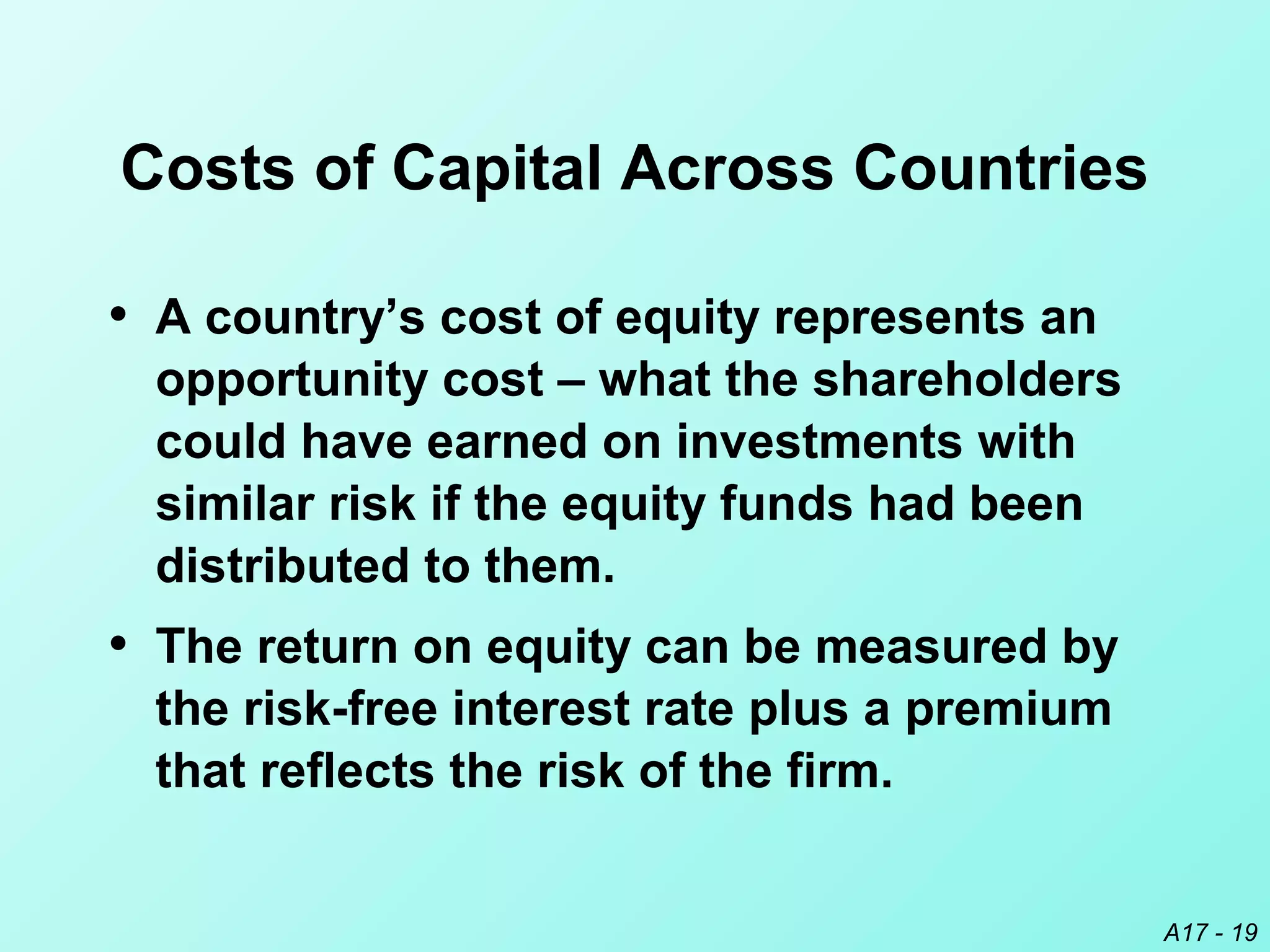 A17 - 19
Costs of Capital Across Countries
• A country’s cost of equity represents an
opportunity cost – what the shareholders
could have earned on investments with
similar risk if the equity funds had been
distributed to them.
• The return on equity can be measured by
the risk-free interest rate plus a premium
that reflects the risk of the firm.
 