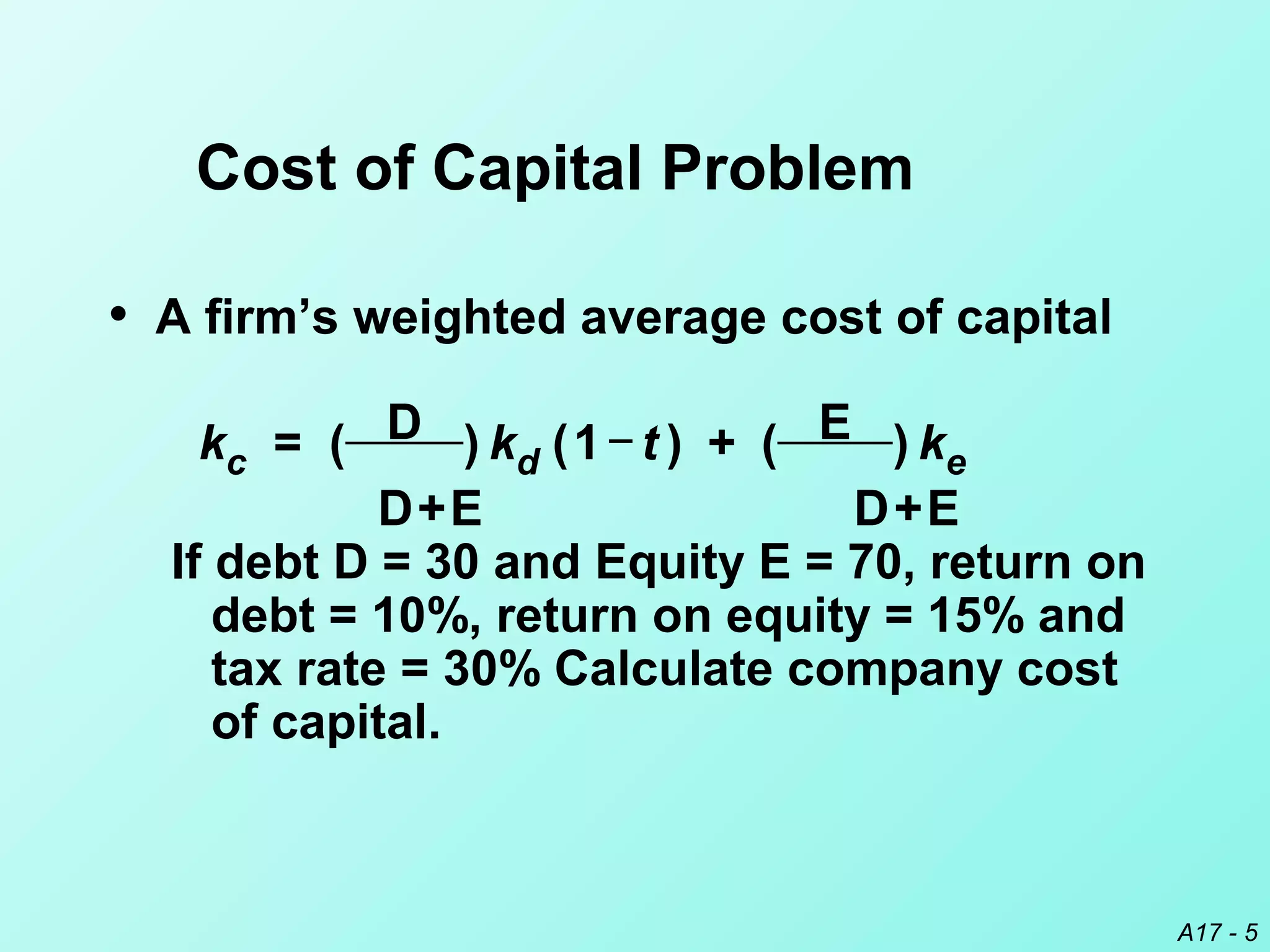 A17 - 5
• A firm’s weighted average cost of capital
kc = ( D ) kd (1 _
t ) + ( E ) ke
D+E D+E
If debt D = 30 and Equity E = 70, return on
debt = 10%, return on equity = 15% and
tax rate = 30% Calculate company cost
of capital.
Cost of Capital Problem
 