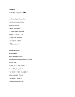 The Hit List

Multination Companies: (MNC)



Mr. Ahmed RaseenAhsanullah

Total Remuneration Advisor

Human Resources

Chevron Bangladesh

57, Bay’s Galleria (4th Floor)

Gulshan – I ; Dhaka – 1212

Tel: 989 2244 Ext 1205

Mobile 01713 333 129

bvfi@chevron.com



Ms. LabinaTabassum

GIZ Bangladesh

Deutsche Gesellschaftfûr

International Zusammenarbeit (GIZ) GmbH

P.O. Box 6091

Road 90, House 10/C, Gulshan 2

Dhaka 1212 / Bangladesh

T &#43; 880 2 882 30 70, 881 01 79

M &#43; 880 181 7527359

F &#43; 880 2 882 30 99

Elabina.tabassum@giz.de
 