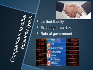 • Limited liability
• Exchange rate risks
• Role of government
 