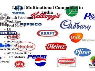 List of Multinational Companies in
                      India
   British Petroleum
   Vodafone
   Ford Motors
   LG
   Samsung
   Hyundai
   Accenture
   Reebok
   Skoda Motors
   ABN Amro Bank
   Tata Motors
 