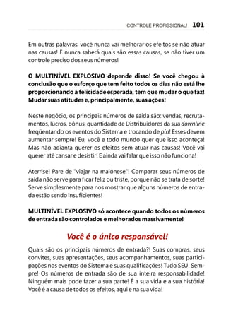 Em outras palavras, você nunca vai melhorar os efeitos se não atuar
nas causas! E nunca saberá quais são essas causas, se não tiver um
controle preciso dos seus números!
O MULTINÍVEL EXPLOSIVO depende disso! Se você chegou à
conclusão que o esforço que tem feito todos os dias não está lhe
proporcionando a felicidade esperada, tem que mudar o que faz!
Mudar suas atitudes e, principalmente, suas ações!
Neste negócio, os principais números de saída são: vendas, recruta-
mentos, lucros, bônus, quantidade de Distribuidores da sua downline
freqüentando os eventos do Sistema e trocando de pin! Esses devem
aumentar sempre! Eu, você e todo mundo quer que isso aconteça!
Mas não adianta querer os efeitos sem atuar nas causas! Você vai
querer até cansar e desistir! E ainda vai falar que isso não funciona!
Aterrise! Pare de "viajar na maionese"! Comparar seus números de
saída não serve para ficar feliz ou triste, porque não se trata de sorte!
Serve simplesmente para nos mostrar que alguns números de entra-
da estão sendo insuficientes!
MULTINÍVEL EXPLOSIVO só acontece quando todos os números
de entrada são controlados e melhorados massivamente!
Quais são os principais números de entrada?! Suas compras, seus
convites, suas apresentações, seus acompanhamentos, suas partici-
pações nos eventos do Sistema e suas qualificações! Tudo SEU! Sem-
pre! Os números de entrada são de sua inteira responsabilidade!
Ninguém mais pode fazer a sua parte! É a sua vida e a sua história!
Você é a causa de todos os efeitos, aqui e na sua vida!
Você é o único responsável!
CONTROLE PROFISSIONAL! 101
 