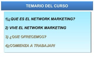 TEMARIO DEL CURSO
1)¿QUE ES EL NETWORK MARKETING?
2) VIVE EL NETWORK MARKETING
3)3) ¿QUE OFRECEMOS?¿QUE OFRECEMOS?
4)4)¡COMIENZA A TRABAJAR!¡COMIENZA A TRABAJAR!
1)¿QUE ES EL NETWORK MARKETING?
2) VIVE EL NETWORK MARKETING
3)3) ¿QUE OFRECEMOS?¿QUE OFRECEMOS?
4)4)¡COMIENZA A TRABAJAR!¡COMIENZA A TRABAJAR!
 