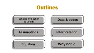 Outlines
What is it?& When
to use it?
Assumptions
Data & codes
Interpretation
Why not ?
Equation
 