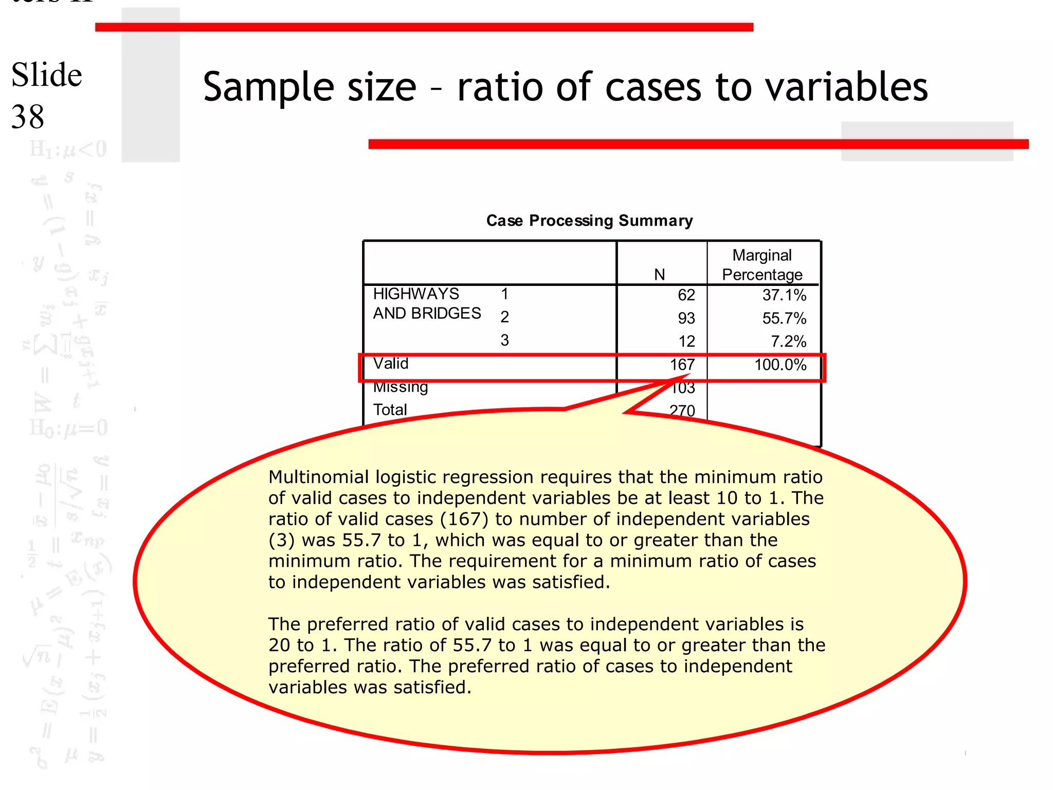 ters II
Slide
38

Sample size – ratio of cases to variables
Case Processing Summary
N
HIGHWAYS
AND BRIDGES
Valid
Missing
Total
Subpopulation

1
2
3

62
93
12
167
103
270
153a

Marginal
Percentage
37.1%
55.7%
7.2%
100.0%

a. The dependent variable has only one value observed

Multinomial logistic regression requires that the minimum ratio
in 146 (95.4%) subpopulations.
of valid cases to independent variables be at least 10 to 1. The
ratio of valid cases (167) to number of independent variables
(3) was 55.7 to 1, which was equal to or greater than the
minimum ratio. The requirement for a minimum ratio of cases
to independent variables was satisfied.
The preferred ratio of valid cases to independent variables is
20 to 1. The ratio of 55.7 to 1 was equal to or greater than the
preferred ratio. The preferred ratio of cases to independent
variables was satisfied.

 
