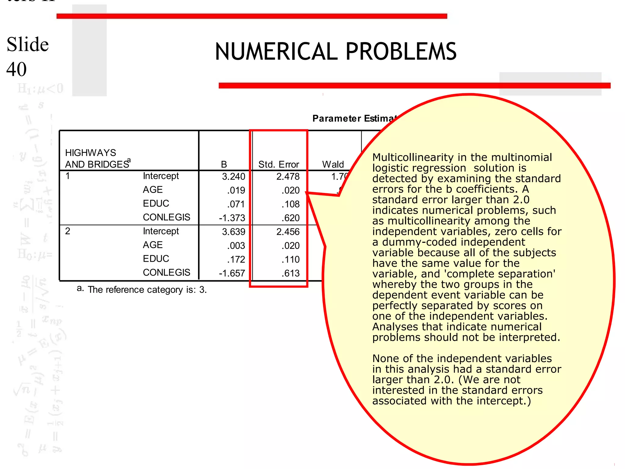 ters II
Slide
40

NUMERICAL PROBLEMS
Parameter Estimates

HIGHWAYS
a
AND BRIDGES
1

2

Intercept
AGE
EDUC
CONLEGIS
Intercept
AGE
EDUC
CONLEGIS

a. The reference category is: 3.

B
3.240
.019
.071
-1.373
3.639
.003
.172
-1.657

Std. Error
2.478
.020
.108
.620
2.456
.020
.110
.613

Wald
1.709
.906
.427
4.913
2.195
.017
2.463
7.298

95% Confidence Inter
Exp(B)
Multicollinearity in the multinomial
df
Sig.
Exp(B)
logistic regression solution is Lower Bound Upper
1 by examining the standard
.191
detected
errors1for the .341
b coefficients. A
1.019
.980
standard error larger than 2.0
1
.514
1.073
.868
indicates numerical problems, such
1
.027
.253
.075
as multicollinearity among the
1
.138
independent variables, zero cells for
a dummy-coded independent
1
.897
1.003
.963
variable because all of the subjects
1
.117
1.188
.958
have the same value for the
1
.007
.191
variable, and 'complete separation' .057

whereby the two groups in the
dependent event variable can be
perfectly separated by scores on
one of the independent variables.
Analyses that indicate numerical
problems should not be interpreted.

None of the independent variables
in this analysis had a standard error
larger than 2.0. (We are not
interested in the standard errors
associated with the intercept.)

 