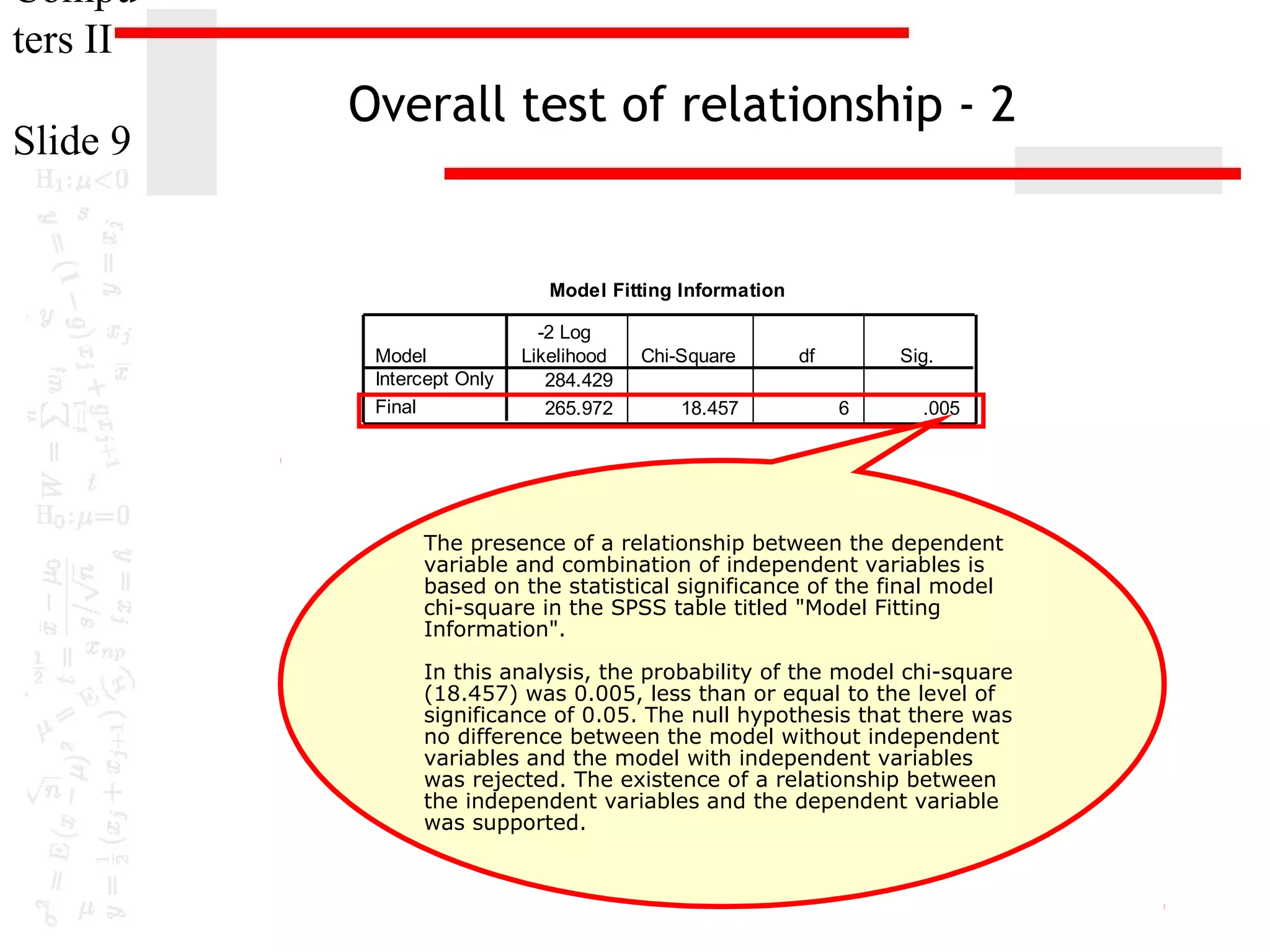 Compu
ters II
Slide 9

Overall test of relationship - 2

Model Fitting Information
Model
Intercept Only
Final

-2 Log
Likelihood
284.429
265.972

Chi-Square
18.457

df

Sig.
6

.005

The presence of a relationship between the dependent
variable and combination of independent variables is
based on the statistical significance of the final model
chi-square in the SPSS table titled "Model Fitting
Information".
In this analysis, the probability of the model chi-square
(18.457) was 0.005, less than or equal to the level of
significance of 0.05. The null hypothesis that there was
no difference between the model without independent
variables and the model with independent variables
was rejected. The existence of a relationship between
the independent variables and the dependent variable
was supported.

 