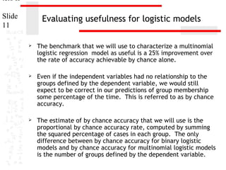 ters II
Slide
11

Evaluating usefulness for logistic models


The benchmark that we will use to characterize a multinomial
logistic regression model as useful is a 25% improvement over
the rate of accuracy achievable by chance alone.



Even if the independent variables had no relationship to the
groups defined by the dependent variable, we would still
expect to be correct in our predictions of group membership
some percentage of the time. This is referred to as by chance
accuracy.



The estimate of by chance accuracy that we will use is the
proportional by chance accuracy rate, computed by summing
the squared percentage of cases in each group. The only
difference between by chance accuracy for binary logistic
models and by chance accuracy for multinomial logistic models
is the number of groups defined by the dependent variable.

 