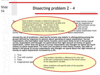 ters II
Slide
54

Dissecting problem 2 - 4
Each problem includes a statement about the
The variables "highest year of school completed" [educ], "sex" [sex] and "total family income"
[income98]relationship between onefor distinguishing between groups based on responses to
were useful predictors independent variable and
the dependenton space exploration" [natspac]. These predictors differentiate survey
"opinion about spending variable. The answer to the
problem is based on the stated relationship,
respondents who thought we spend too little money on space exploration from survey
respondents who thought we spend too much money on space exploration and survey
ignoring the relationships between the other
respondents who thought we spend about the right variable. of money on space exploration from
independent variables and the dependent amount
survey respondents who thought we spend too much money on space exploration.

Among this set of predictors, total family income was helpful in distinguishing among the
groups defined by responses to opinion about spending on space exploration. Survey
respondents who had higher total family incomes were more likely to be in the group of
survey respondents who thought we spend about the right amount of money on space
exploration, rather than the group of survey respondents who thought we spend too much
money on space exploration. For each unit increase in total family income, the odds of
being in the group of survey respondents who thought we spend about the right amount of
money on space exploration increased by 6.0%.
1.
2.
3.
4.

True
True with caution
This problem identifies a difference for only one
of the two comparisons based on the three values
False
Inappropriate application of a of the dependent variable.
statistic
Other problems will specify both of the possible
comparisons.

 