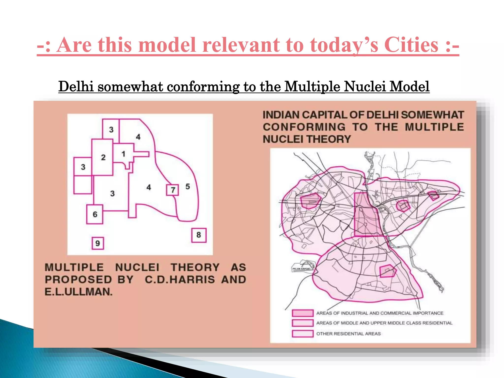 -: Are this model relevant to today’s Cities :-
Delhi somewhat conforming to the Multiple Nuclei Model
 