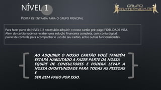 Para fazer parte do NÍVEL 1 é necessário adquirir o nosso cartão pré-pago FIDELIDADE VISA.
Além do cartão você irá receber uma solução financeira completa, com conta digital,
painel de controle para acompanhar o uso do seu cartão, entre outras funcionalidades.
AO ADQUIRIR O NOSSO CARTÃO VOCÊ TAMBÉM
ESTARÁ HABILITADO A FAZER PARTE DA NOSSA
EQUIPE DE CONSULTORES E PODERÁ LEVAR A
NOSSA OPORTUNIDADE PARA TODAS AS PESSOAS
E
SER BEM PAGO POR ISSO.
 